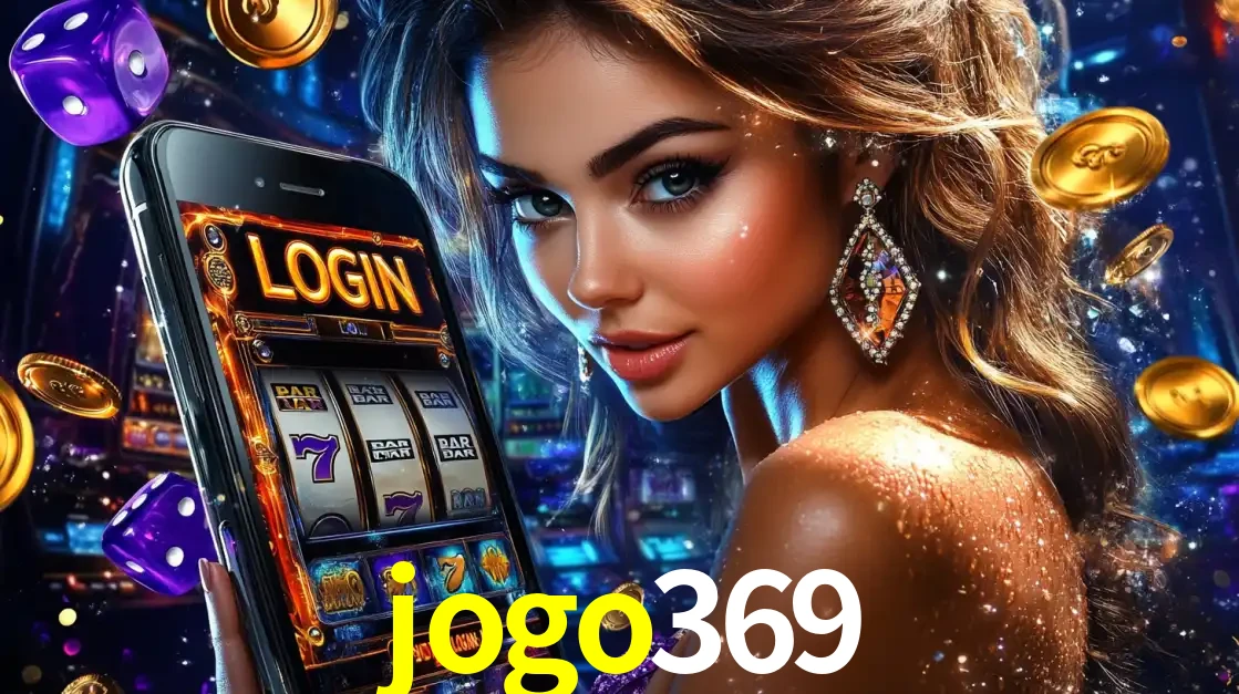 Mulher glamorosa segurando um smartphone com a tela de login para os jogos de caça-níqueis do cassino online jogo369, com moedas de ouro e dados ao redor.