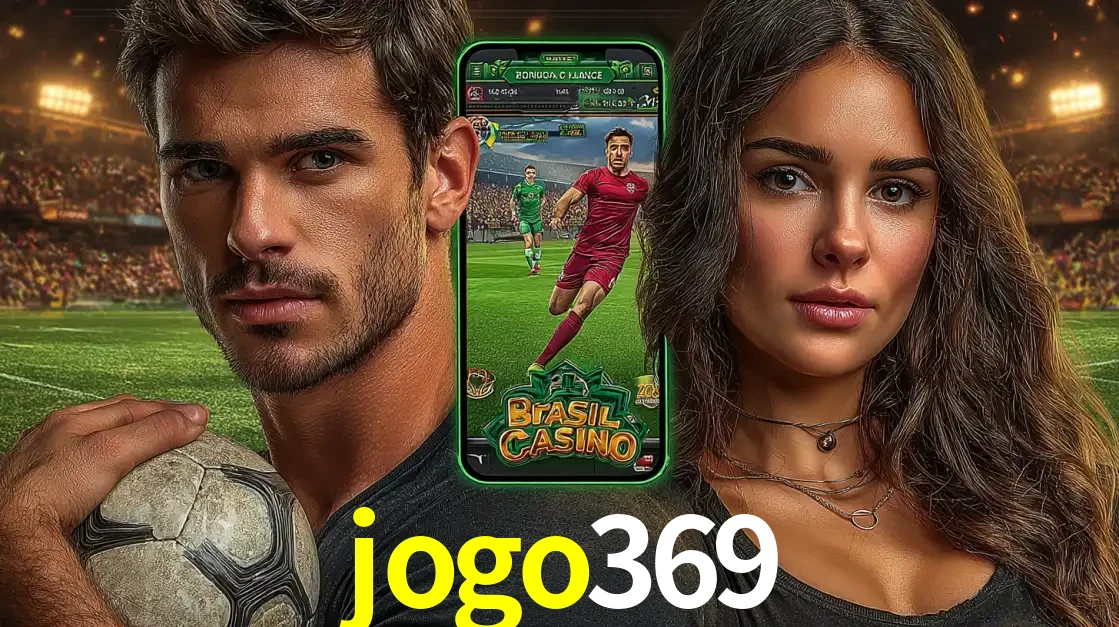 Homem segurando uma bola de futebol e uma mulher ao lado de um smartphone exibindo o jogo de apostas esportivas da jogo369. Faça seu palpite no cassino online.